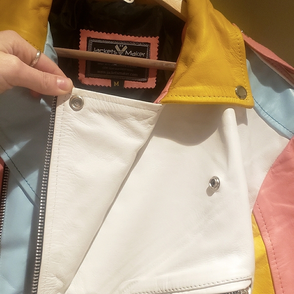 Rainbow pastel color block leather moto jacket. - Picture 11 of 13